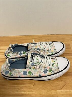 Converse Floral Low-Top Sneakers in White with Pink, Blue & Green Accents